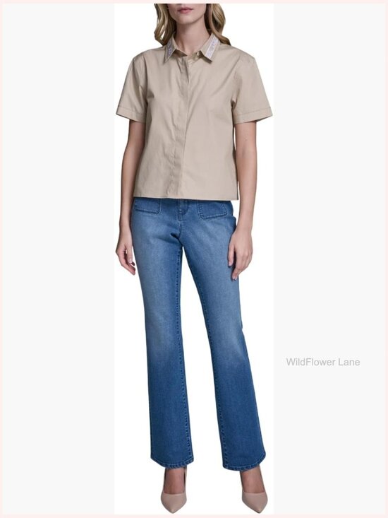 Tops - Short Sleeve Gold Bead Collar Button Down Cropped Blouse